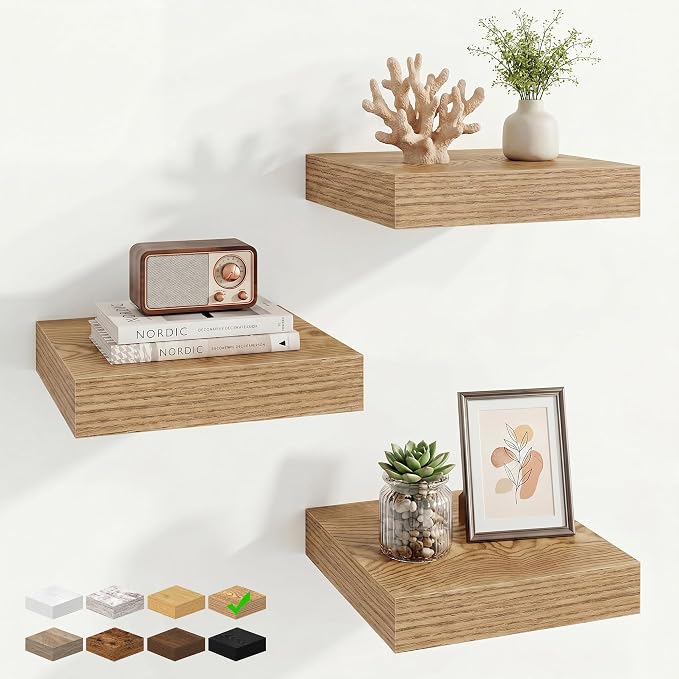 Square Floating Shelves for Wall, 10"W x 10"D x 1.25"H, 3 Packs Small Wall Mounted Engineered Wood Shelves with Invisible Brackets for Living Room, Bedroom, Bathroom, Kitchen Decor, Cedar