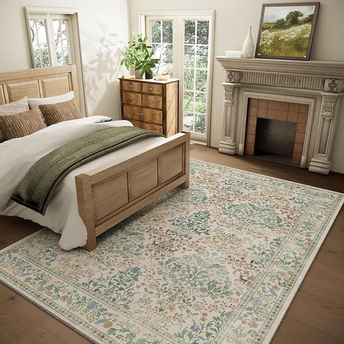 9x12 Area Rugs for Living Room: Washable Bedroom Rug Vintage Area Rug Stain Resistant Non Slip Low Pile Lightweight Soft Carpets for Dining Room Kitchen Nursery Kids Room Farmhouse Home Office