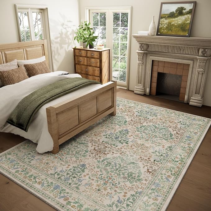 Washable Area Rugs for Living Room: 5x7 Bedroom Rug Vintage Area Rug Stain Resistant Non Slip Low Pile Lightweight Soft Carpets for Dining Room Kitchen Nursery Kids Room Playroom Home Office Indoor