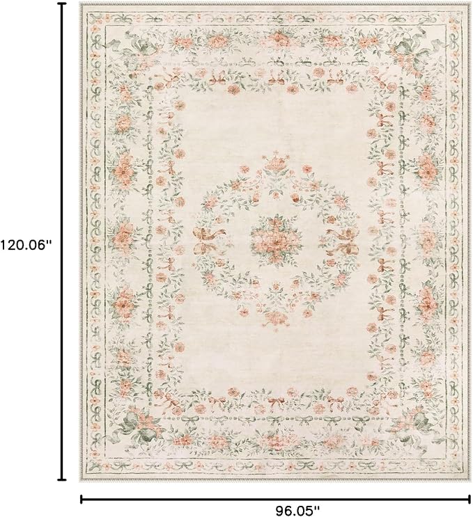 Wonnitar Floral Bow Print Washable 8x10 Rug, Beige Rugs for Living Room, Boho Non Slip Ultra-Thin Soft Neutral Carpet for Nursey Kids Room Dorm Living Room, Beige