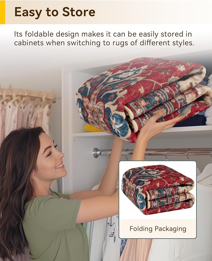 RELEANY Area Rugs 5'x8' Washable Non-Slip, Floral Vintage Distress Medallion Carpet for Living Room Bedroom Dining Room, Red Blue