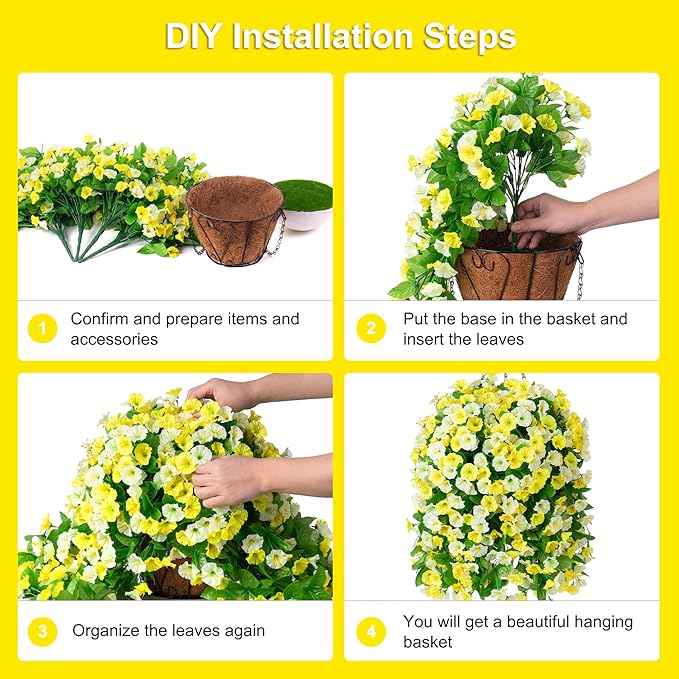 INXUGAO Artificial Flowers with Hanging Basket, Outdoor Faux Plants Silk Morning Glory Vines, Fake Green Arrangement for Garden Patio Spring Summer Decor(4pcs,Yellow White)
