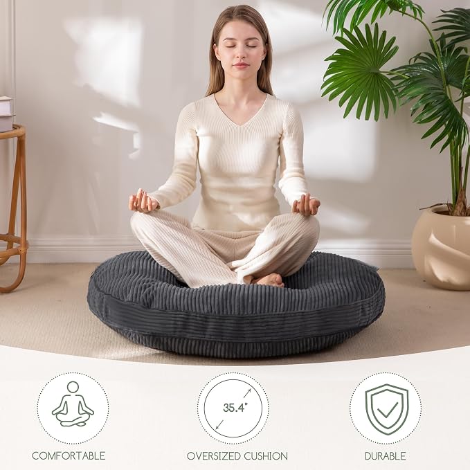 HIGOGOGO 35" Floor Pillow Cushion for Adults, Meditation Cushion Pillow, Extra Large Square Floor Sitting, Tufted Corduroy Cover for Tatami Living Room or Yoga, Dark Grey