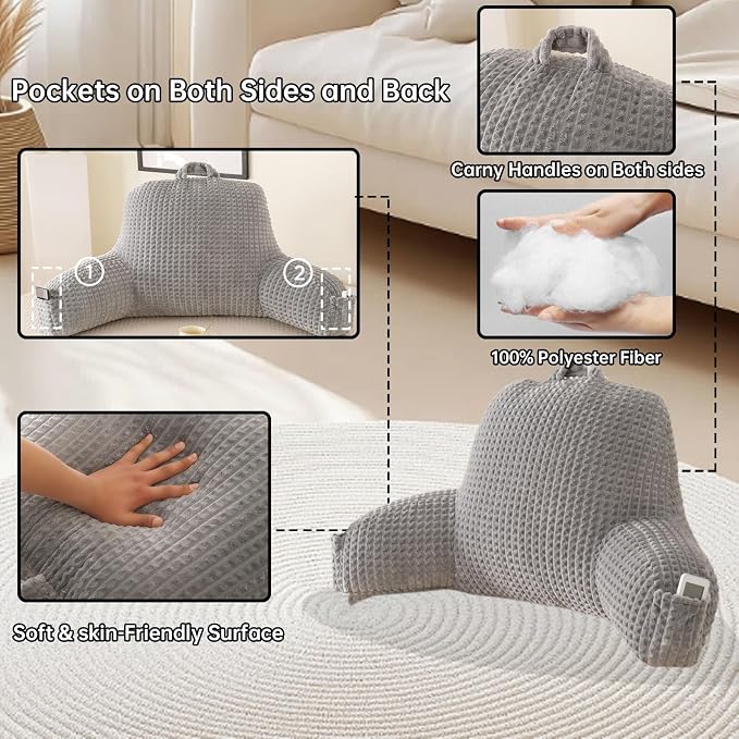 Reading Pillow with Arms for Sitting in Bed,Backrest,Gray Flannel,M | 17" Backrest with Arms Supports Back for College Students,Elbows & Forearms for Dorm Reading,Gaming,Watching TV