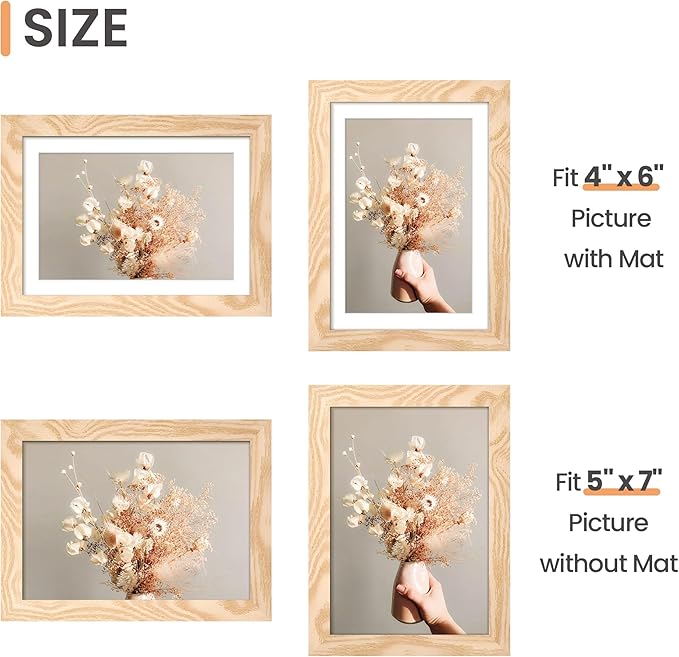 upsimples 5x7 Picture Frame, Display Pictures 4x6 with Mat or 5 x 7 Without, Wall Hanging Photo Frames, Natural, 1 Pack