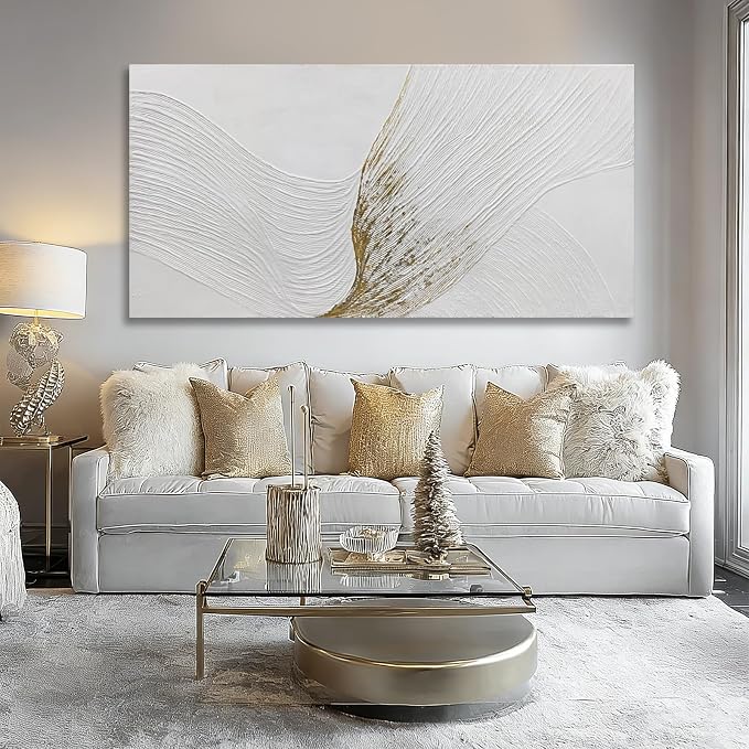 Hue7Art Modern Minimalist White and Gold Textured Canvas Wall Art Abstract Line Artwork Hand Painting for Living Room Bedroom Office Neutral Home Decor 24x48 Inch
