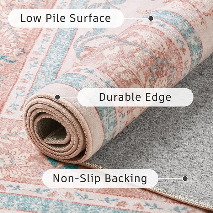DCX 5x7 Pink Vintage Floral Rug, Machine Washable Non Slip Low Pile Carpet for Girl’s Bedroom, Nursery, Dorm, Kid & Pet Friendly Soft Stain Resistant Rug