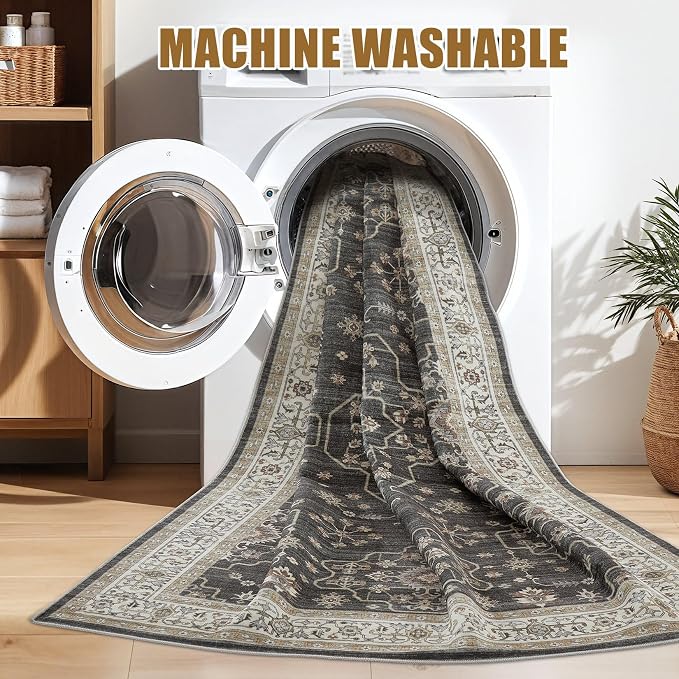 Area Rug for Living Room - 7x9 Soft Washable Oriental Vintage Floral Distressed Large Carpet - Fade Stain Resistant Non Slip Rugs for Bedroom Dining Room Nursery Dorm Office Home Decor - Black