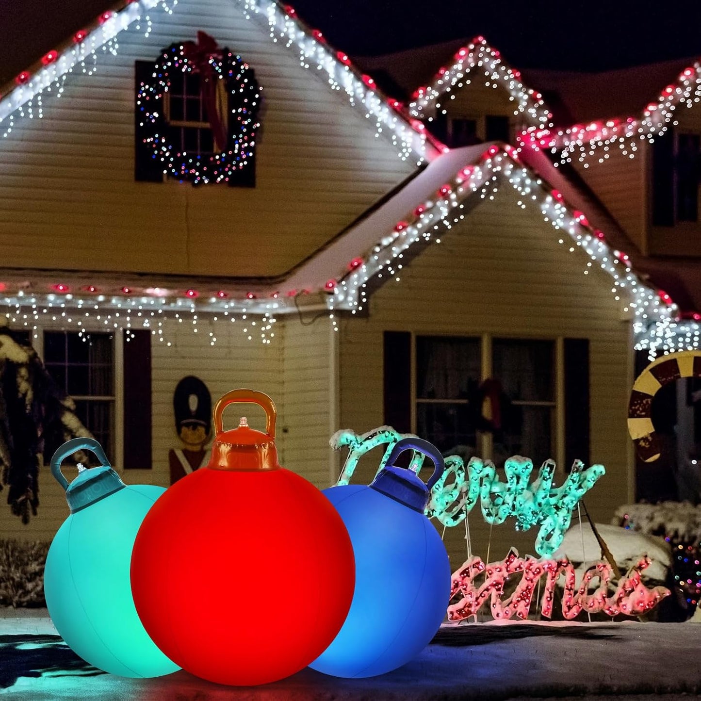 Jetec 3 Pcs Outdoor Light Up Christmas Ball Decorations Large Christmas Inflatable PVC Decorated Balls with Light 24 Inch,18 Inch Xmas Ornaments for Yard Lawn Porch (Red, Gold, Silver)