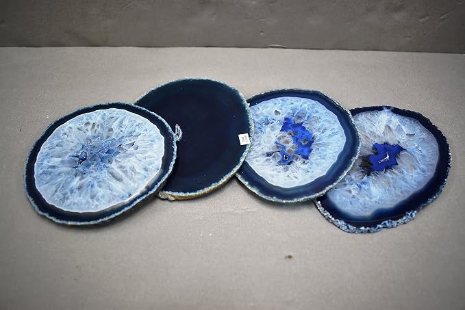 Nature's Decorations Blue Agate Stone Coasters - Set of 4, Polished Geode Drink Mats for Dining & Coffee Table & Kitchen Geode Decor Non-Toxic 4.5-5" Diameter