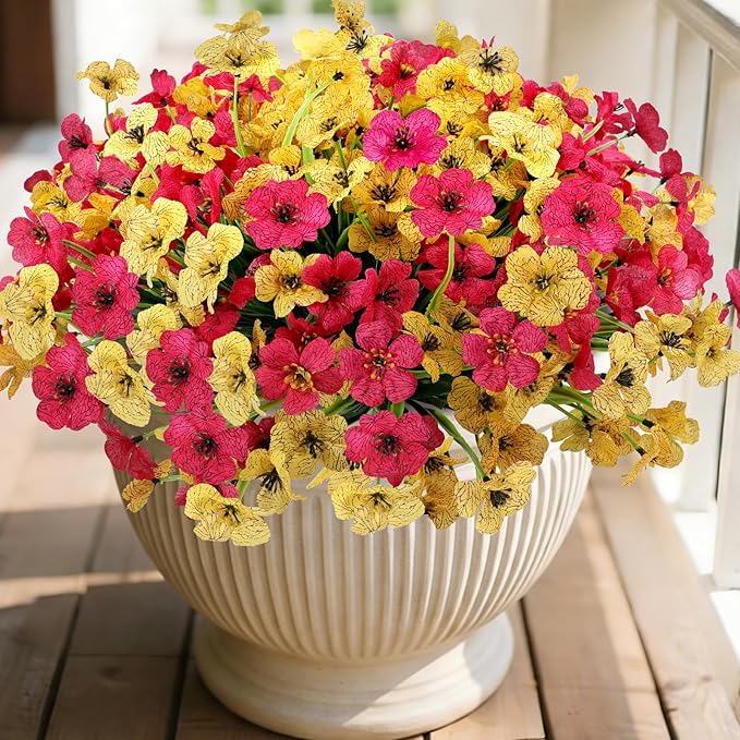 Geegoods Artificial Mums Flowers for Outdoors, 16 Bundles UV Resistant Fake Plastic Rose and Yellow Flowers for Patio Porch Spring Summer Decor