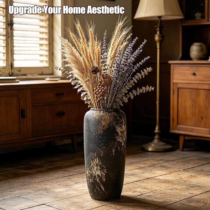 Black Rustic Ceramic Tall Floor Vase, 15.7 Inch Vintage Large Farmhouse Vase Pottery Clay Terracotta Rustic Vases for Home Decor Living Room Entryway Table Centerpieces,Kitchen,Housewarming Gifts