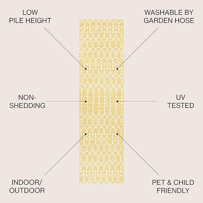 JONATHAN Y Moroccan Geometric Indoor Outdoor Runner Rug 2X10 Yellow/Cream, Ourika Textured Weave for Backyard, Patio, Porch, Easy-Cleaning, High Traffic, Pet-Friendly, Non-Shedding (SMB108G-210)