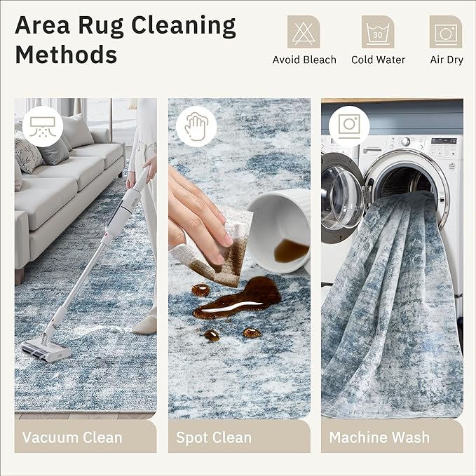 Soalmost Abstract Rug 8x10 Large Living Room Rugs Neutral Modern Washable Area Rugs for Bedroom Dining Room Non-Slip Stain Resistant Foldable Thin Blue