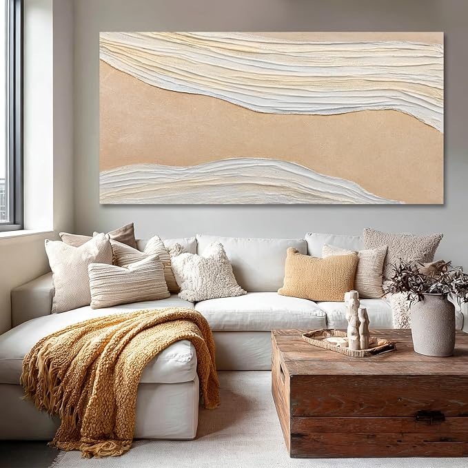Dolidoteart Beige White Canvas Wall Art, Large Wall Art for Living Room, Hand Painted Abstract Oil Painting, Oversized Horizontal Wall Decor for Bedroom Office, 29x58 Inch