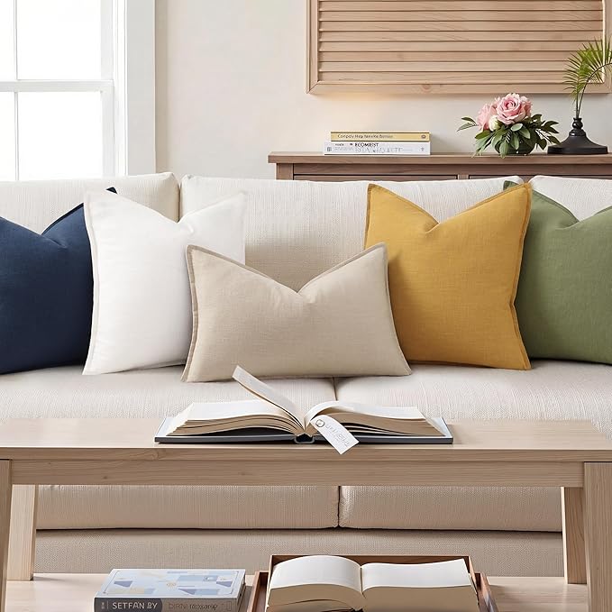 decorUhome Summer Decorative Linen Throw Pillow Covers 12x20 Inch Set of 2 Natural Beige Lumbar Pillow Covers with Flange Edges Soft Farmhouse Boho Accent Pillow Cases for Couch Bed Living Room