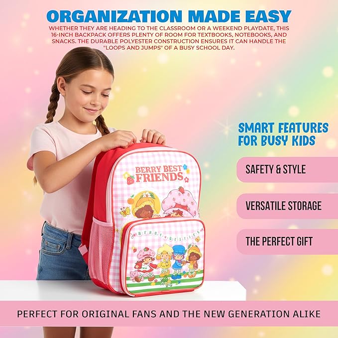 AI ACCESSORY INNOVATIONS Strawberry Shortcake 2 Piece Backpack Set for Girls, 16 Inch Berry Besties School Bag with Adjustable Padded Straps, Pink Gingham Pattern