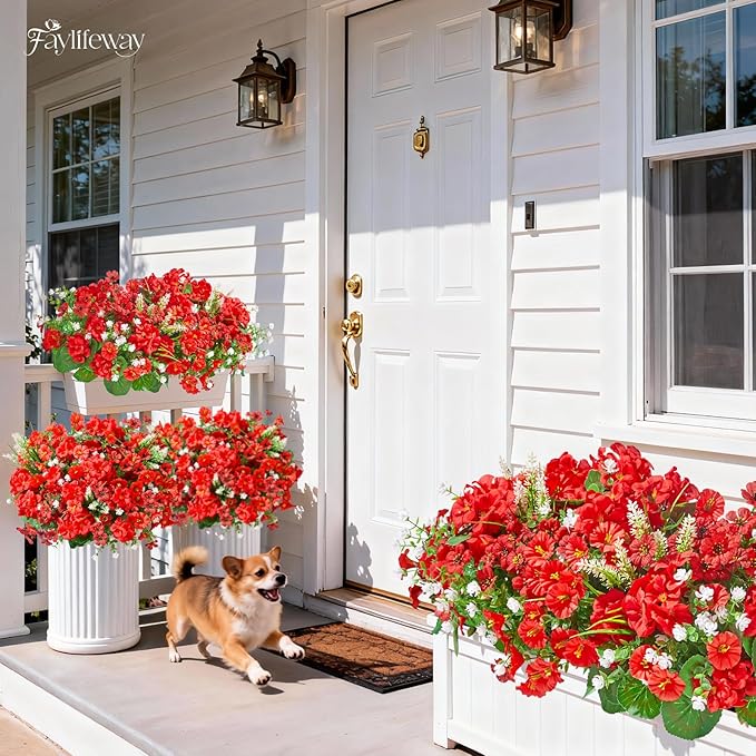 16 Bundles Artificial Flowers for Outdoors, UV Resistant Silk Faux Flowers for Outside Planters,Garden,Porch,Yard,Home Decor(Red)
