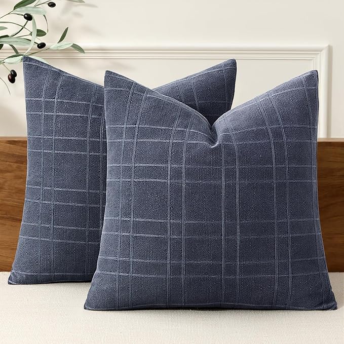 MIULEE Decorative Linen Check Throw Pillow Covers Neutral Farmhouse Vintage Pillow Covers 18x18 Set of 2 Boho Modern Home Decor for Sofa Couch Bedroom Cushion Navy Blue