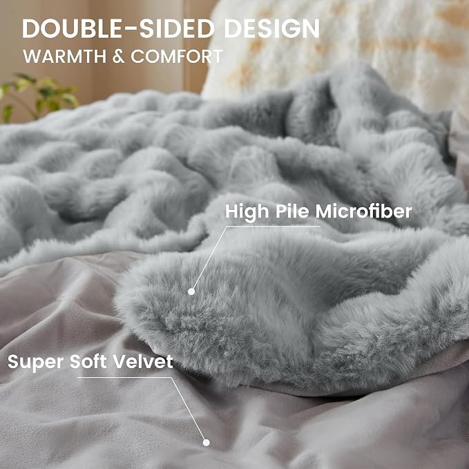 Simple&Opulence Fluffy Faux Fur Comforter Set, Plush Fuzzy Minky Bedding Set, 3 Pieces Warm Soft Comforter Bedding Set for Winter - 1 Shaggy Comforter with 2 Pillow Shams(Queen, Light Grey)