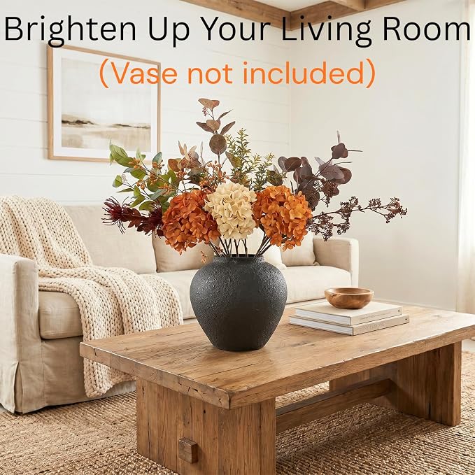 Faux Arrangement - Burnt Orange Hydrangea & Eucalyptus Stems, Fall Centerpieces for Tables, Large Floral Arrangement, Real Touch Artificial Fall Flowers for Thanksgiving & Autumn Dining Table