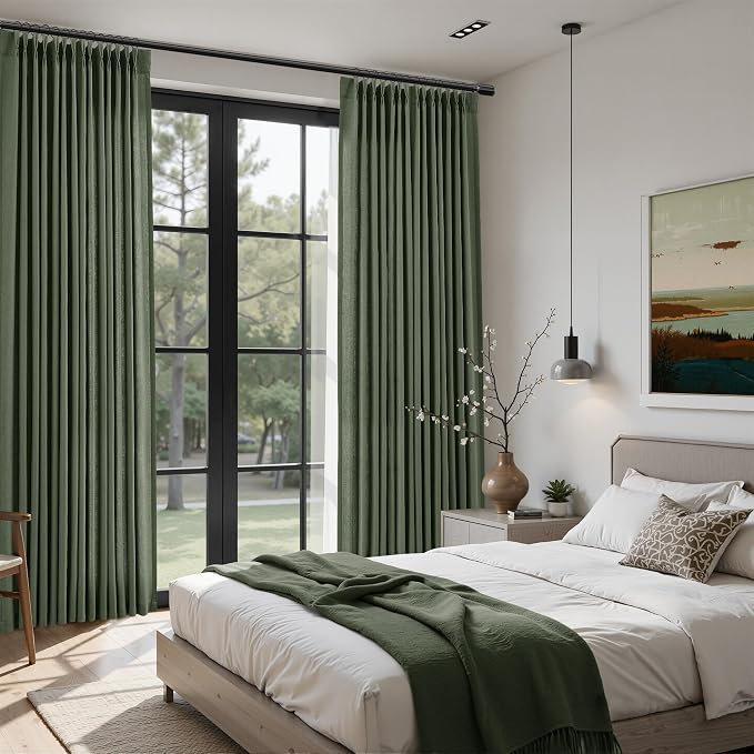 Olive Green Pinch Pleated Linen Curtains 108 Inch Length 2 Panels Set for Living Room Bedroom Vintage Neutral Country Privacy Light Filtering Semi Sheer Back Tab Drapes with Hooks for Nursery 40x108