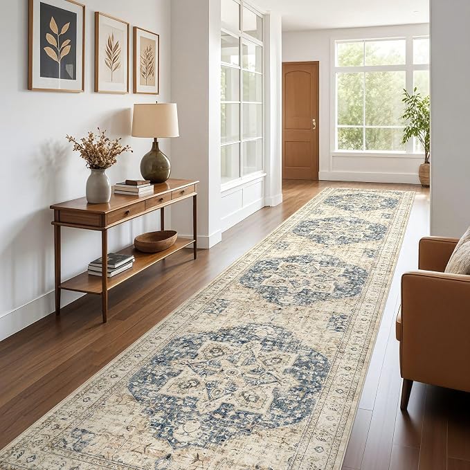 Tortania Area Rug 3x18 Runner Rugs - Washable Vintage Oriental Farmhouse Thin Indoor Carpet for Living Room Bedroom Hallway Entryway Kitchen Under Dining Table Home Office - Cream/Blue
