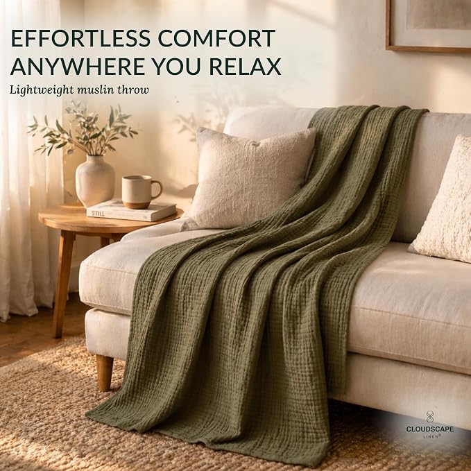 CLOUDSCAPE 4 Layer Muslin Blanket for Adults - 100% Cotton Throw Blanket - 50"x70" Oversized Gauze Throw for Sofa, Couch - Soft Lightweight Breathable Muslin Cotton Throws for Summer- Olive Green