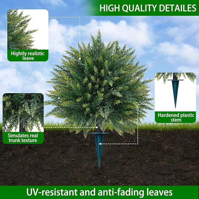 Yangrass 2PCS Artificial Cedar Topiary Ball Trees 23" for Outdoors with Ground Spike, UV Resistant Artificial Cypress Trees, Evergreen Shrubs Bushes Faux Plants for Front Porch Garden Backyard