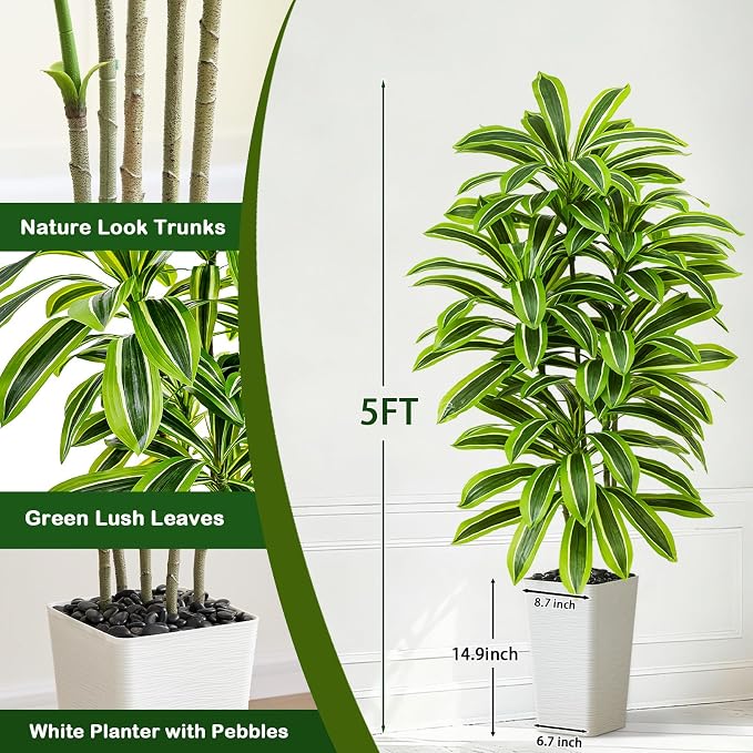Artificial Yellow Dracaena Tree - 5FT Tall Fake Plants with White Tall Planter - Artificial Plants Indoor Floor Plant in Pot - Large Tropical Fake Yucca Potted Tree for Home Office Living Room Decor