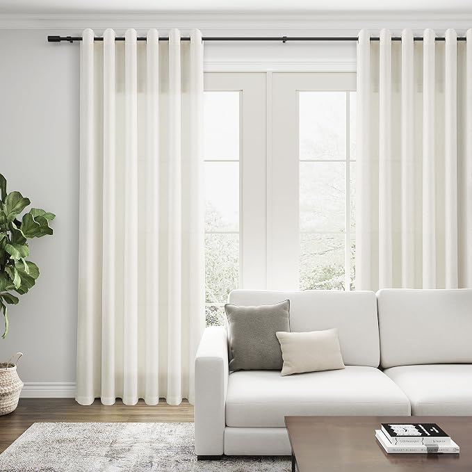 Extra Wide Cream Linen Grommet Curtains 102 Inches Length for Living Room Neutral Farmhouse Light Filtering Semi Sheer Drapes Ceiling to Floor for Large Privacy Window Curtain Natural Ivory 70x102