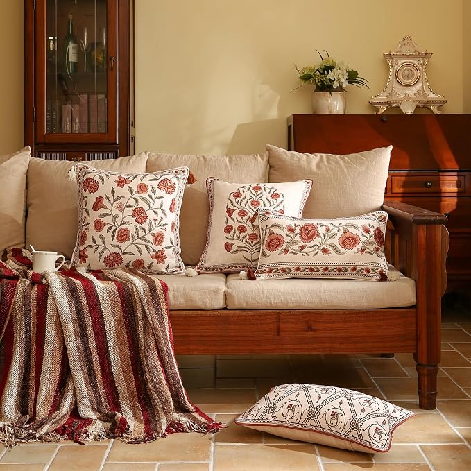 ISAENNE Vintage Elegant Linen Square Throw Pillow Cover,18"x18"-Albano A | Designer French Pillow Cover,Concealed Zipper Design,Orange Floral Pattern,Sofa,Bedroom,Living Room,Lounge Chairs
