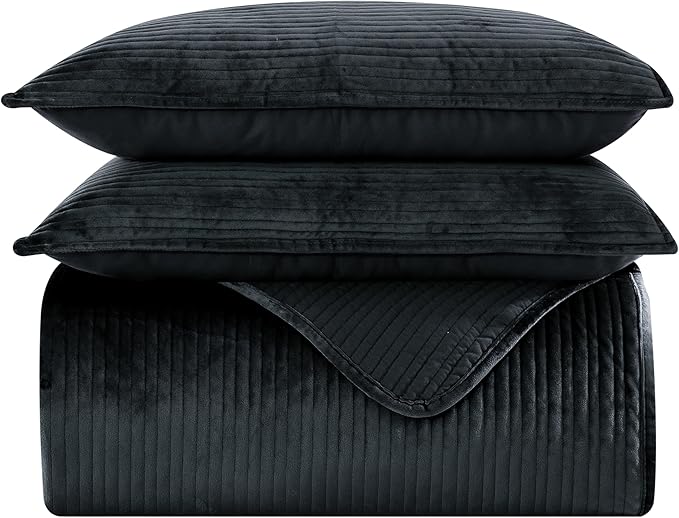 Elegant Comfort Luxury 3-Piece Velvet Corduroy Stripe Quilt Set, Ultra Soft Bedspread - Cozy Velvet Coverlet Set - 3PC Medium Weight Quilted Set with Matching Pillow Shams, Queen, Black