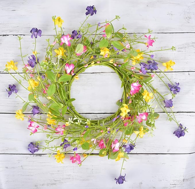 LSKYTOP Artificial Flower Wreath with Green Leaves Berries Wildflower Spring Summer Wreath for Front Door Wall Wedding Decor,12inch (1)