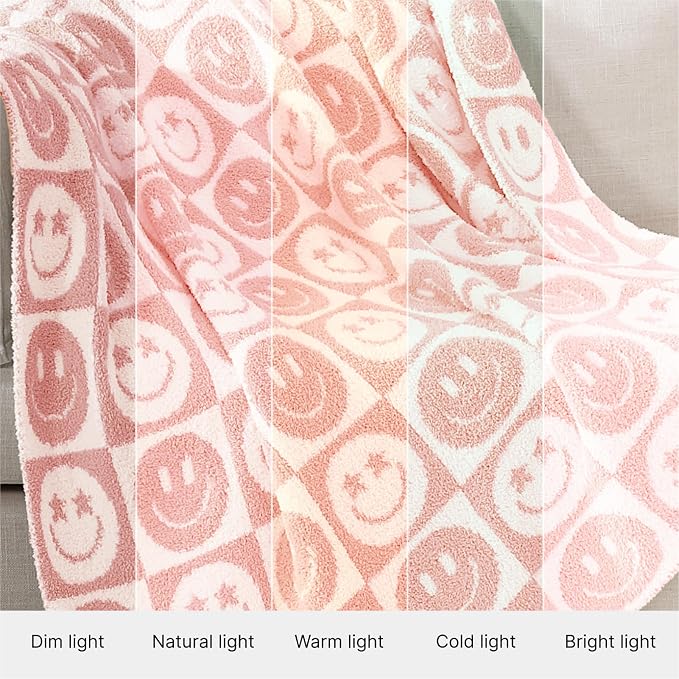 WRENSONGE Soft Checkered Throw Blanket for Couch-Cozy Warm Knitted Blankets | Lightweight Warm Fluffy Decor for Women, Mom, Her & Girls, Sofa, Chair, Bed, 50x60in,Blossom Smiling Face