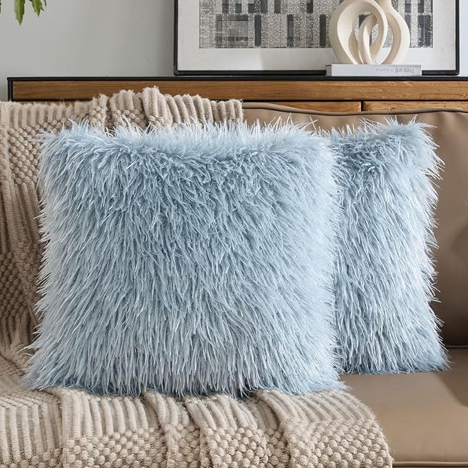 FUTEI Pack of 2 Shaggy Mongolian Faux Wool Throw Pillow Covers 18x18 Inch Soft Decorative Cushion Case for Couch Bed Living Room, Dusty Blue