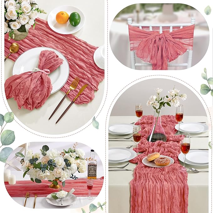 6 Pack Rose Cheesecloth Table Runner 10FT Long Easter Spring Boho Gauze Table Runner Rustic Sheer Runner for Spring Wedding Bridal Baby Shower Birthday Party Table Decor Easter Decorations