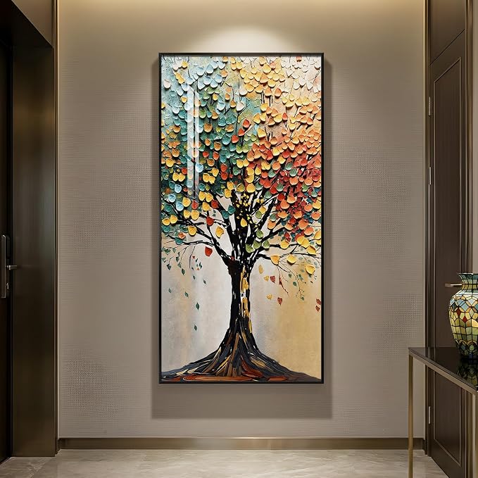 Large Framed Vertical Tree of Life Wall Art for Living Room, Modern Abstract Colorful Tree Painting Prints Artwork for Walls, Contemporary Luxury Pictures for Hallway Entryway Office Wall Decor, 30x60