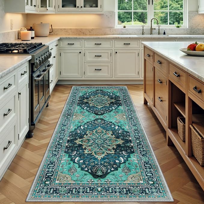 RELEANY Area Rugs 3'x8' Runner Rug Non Slip Washable for Kitchen Hallway Bedroom Beside Laundry Room Bathroom Rug, Floor Carpet, Teal Green Lake Blue Turquoise