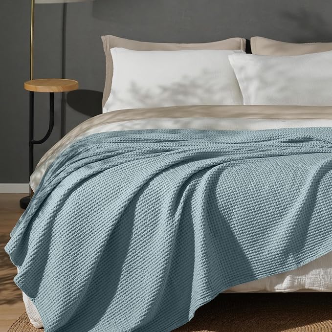 PHF Pre-Washed 100% Cotton Waffle Weave Blanket Queen Size for Bed,Snag Proof Throw Blanket for Couch Spring Summer Lightweight Breathable,Machine Washable, Home Decor Gift - Ocean