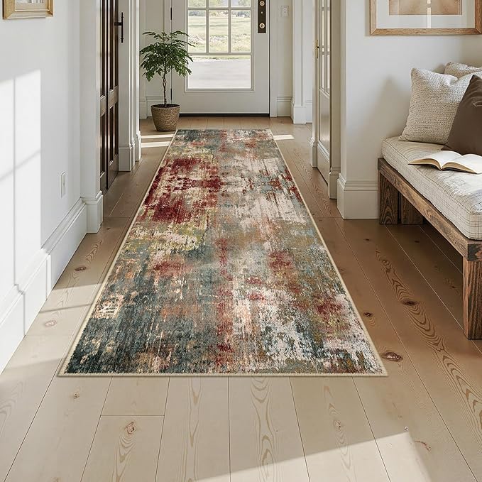 RELEANY Washable Area Rugs 3x9 Non-Slip Modern Abstract Soft for Living Room Entryway Bedroom Nursery, Print Pattern, Brown Rust Red Green Blue Multi