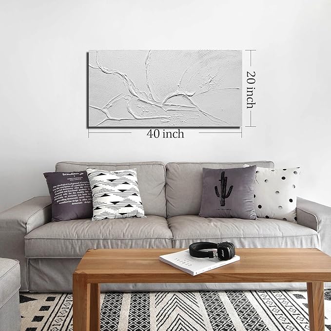THRLVEART Abstract Canvas Wall Art For Kitchen Minimalist Hand Painted Wall Art For Bedroom White Wall Decor For Living Room Size 20 x 40 Inch