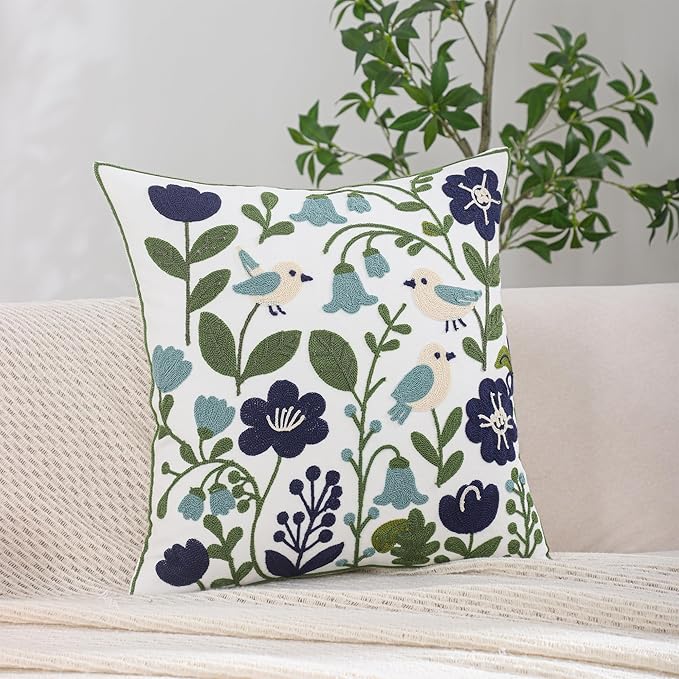 Spring Embroidered Pillow Covers 18x18 Pack of 2 Birds Throw Pillow Covers Green Leaves with Floral Pillowcases Farmhouse Pillow Cushion Cases Square Navy Blue Flower Pillow Case Home Decor