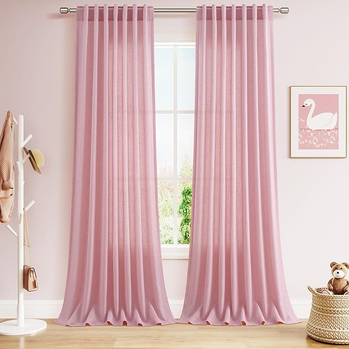 Nanspring Rose Linen Curtains 108 Inches Long 2 Panels Set with Back Tab Loop Pocket Light Filtering Semi Sheer Boho Decor Extra Long Drapes for High Ceiling Living Room 52x108