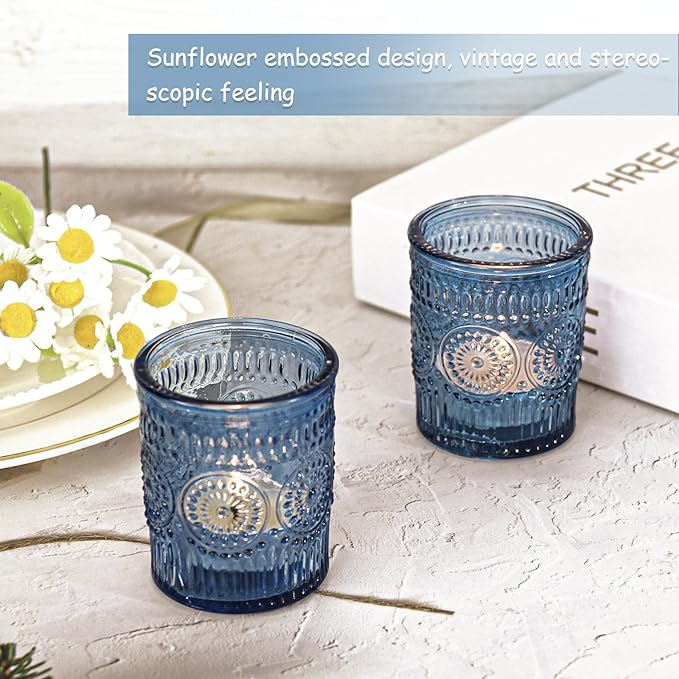 24 Pcs Blue Glass Votive Candle Holders, Tealight Candle Holders for Table Centerpieces, Vintage Candle Holder Bulk, Boho Wedding, Home, Bridal Shower, Birthday Party Table Decor (Blue)