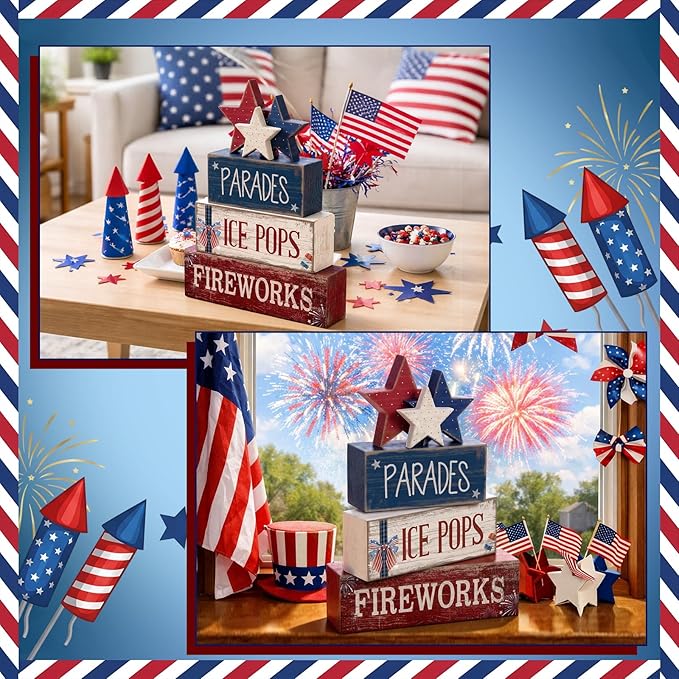 4 Pcs 4th of July Decorations Patriotic Tiered Tray Decor Memorial Day Tabletop Decoration Red White Blue Table Centerpieces Parades Star Decorative Trays for Tiered Tray Home Shelf 250th Anniversary