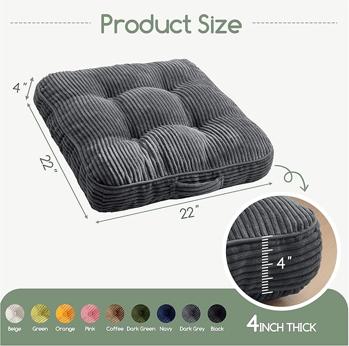 HIGOGOGO Floor Pillow Cushion for Adults, Meditation Cushion Pillow, Large Square Floor Sitting, Tufted Corduroy Cover, for Tatami Living Room or Yoga, 22x22 Inch, Dark Grey