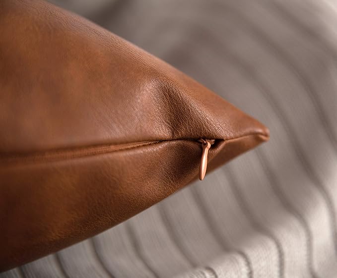 Faux Leather Throw Pillow Covers 16x16 inch, Set of 2 Thick Cognac Brown Modern Boho Farmhouse Decor Small Square Decorative Bedroom Living Room Cushion Cases for Couch Bed Sofa