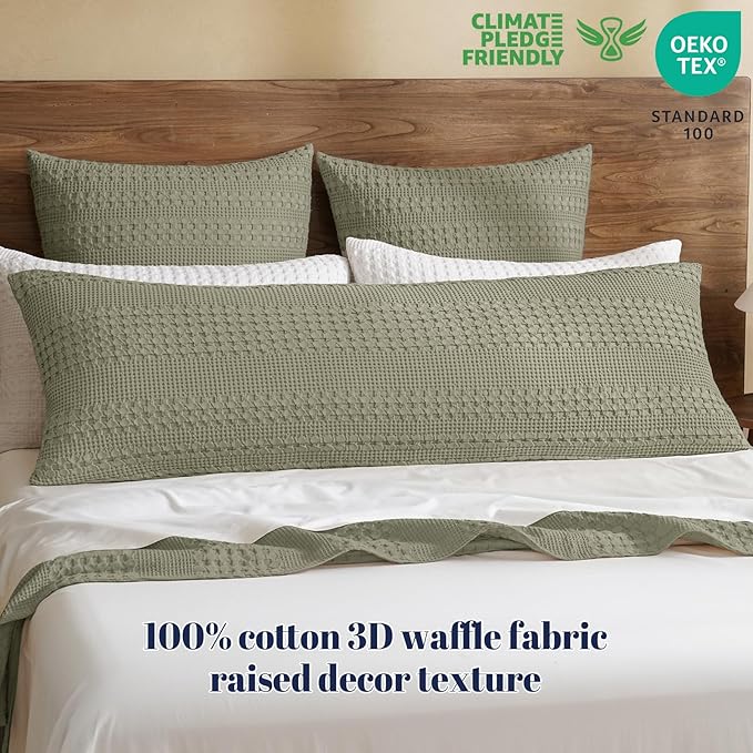 PHF 100% Cotton Waffle Body Pillowcase with Zipper, 1 Pack 20" x 54" Soft Skin-Friendly Pillow Sham, No Filling, Aesthetic Woven and Breathable Waffle Weave Body Pillow Cover for Bed, Dusty Sage