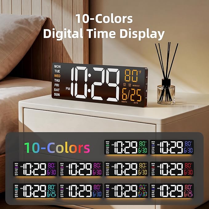 EASYERA 16.5" Large Digital Wall Clock with Anti-Glare Display, RGB Lights with 10 Scenes Mode Remote Control, Adjustable Brightness, Dual Alarms, Auto DST, BT Sync, Temperature for Living Room
